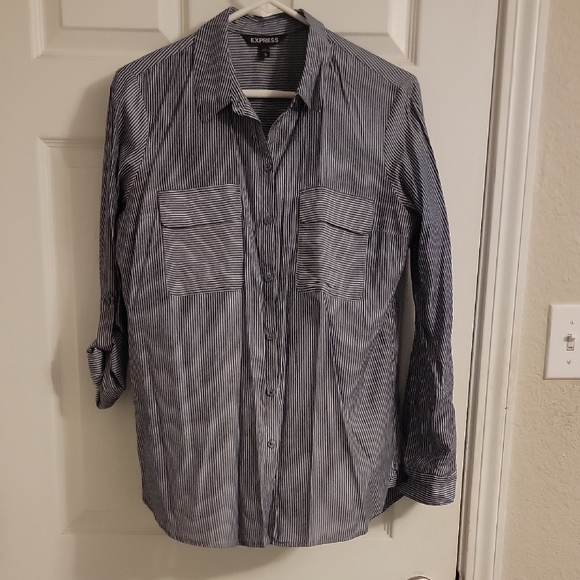Express Men's Black and White Striped Shirt Jacket - Picture 1 of 6